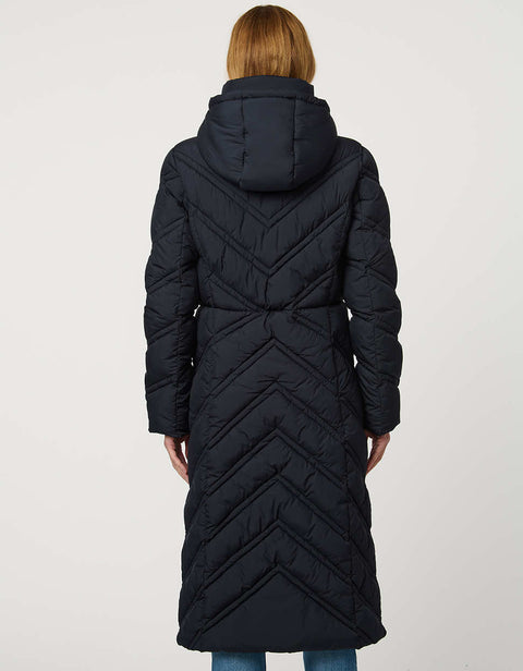 Long quilted puffer coat with chevron stitching, funnel neck, hood with drawstrings, and lightweight Ecoplume fill.