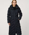 Long quilted puffer coat with chevron stitching, funnel neck, hood with drawstrings, and lightweight Ecoplume fill.