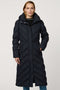 Long quilted puffer coat with chevron stitching, funnel neck, hood with drawstrings, and lightweight Ecoplume fill.