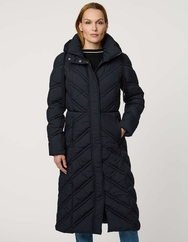 Long quilted puffer coat with chevron stitching, funnel neck, hood with drawstrings, and lightweight Ecoplume fill.