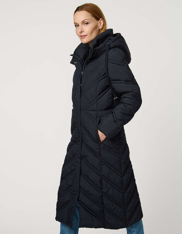 Long quilted puffer coat with chevron stitching, funnel neck, hood with drawstrings, and lightweight Ecoplume fill.