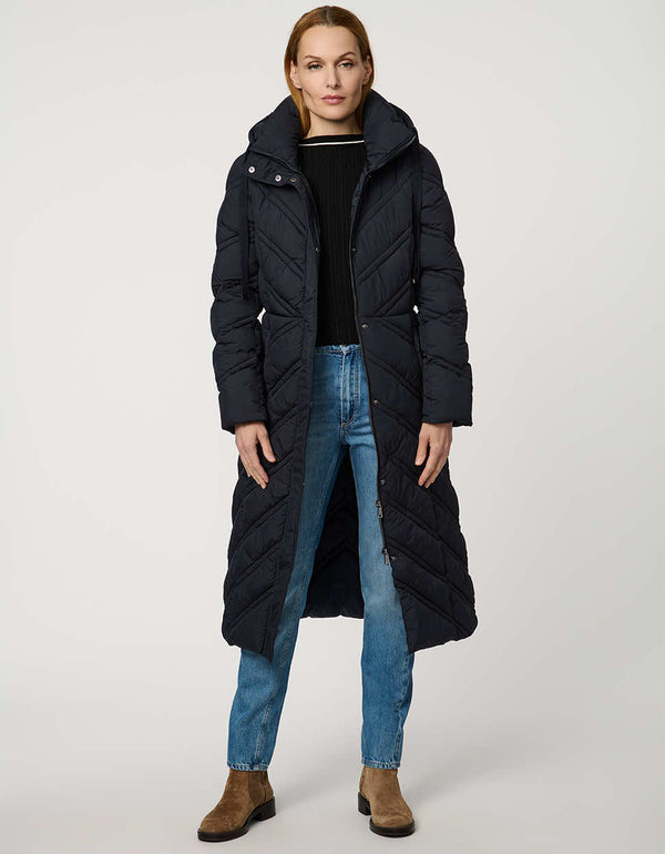Long quilted puffer coat with chevron stitching, funnel neck, hood with drawstrings, and lightweight Ecoplume fill.
