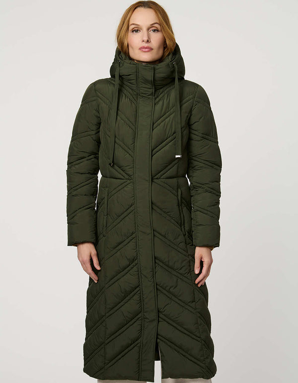 Long quilted puffer coat with chevron stitching, funnel neck, hood with drawstrings, and lightweight Ecoplume fill.