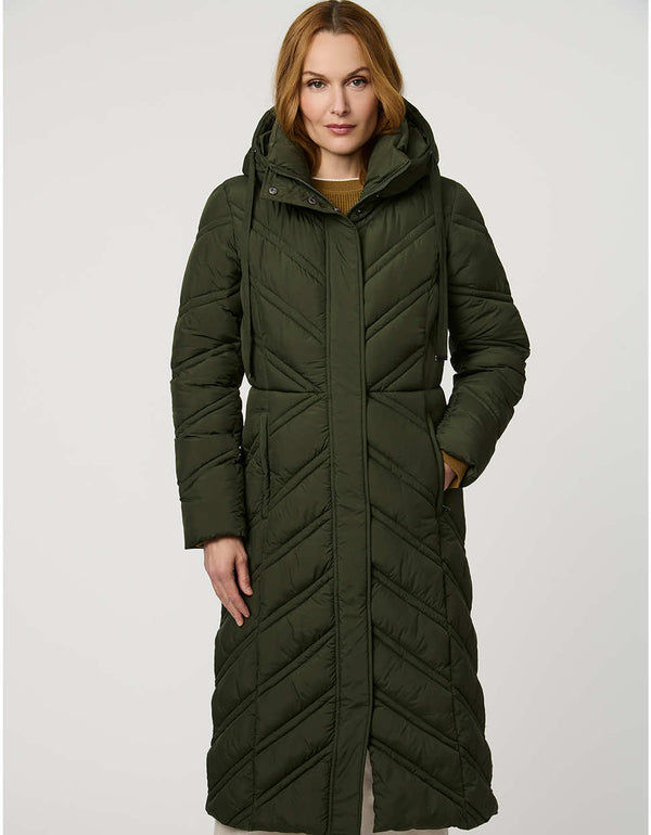 Long quilted puffer coat with chevron stitching, funnel neck, hood with drawstrings, and lightweight Ecoplume fill.