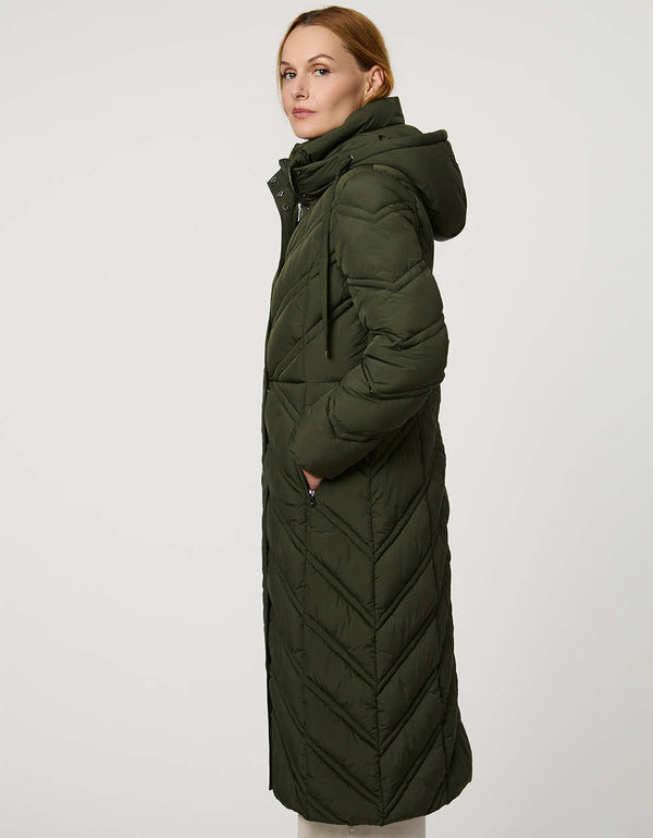 Long quilted puffer coat with chevron stitching, funnel neck, hood with drawstrings, and lightweight Ecoplume fill.