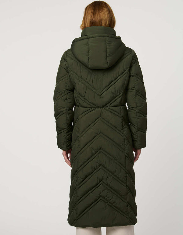 Long quilted puffer coat with chevron stitching, funnel neck, hood with drawstrings, and lightweight Ecoplume fill.