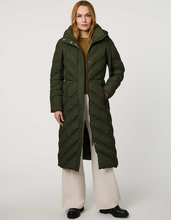 Long quilted puffer coat with chevron stitching, funnel neck, hood with drawstrings, and lightweight Ecoplume fill.