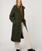 Long quilted puffer coat with chevron stitching, funnel neck, hood with drawstrings, and lightweight Ecoplume fill.