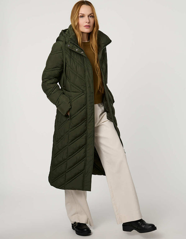 Long quilted puffer coat with chevron stitching, funnel neck, hood with drawstrings, and lightweight Ecoplume fill.