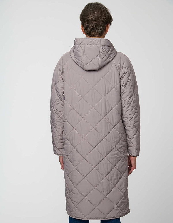 Merrick Quilted Puffer Coat with diamond quilting, welt pockets, and knee-length fit.