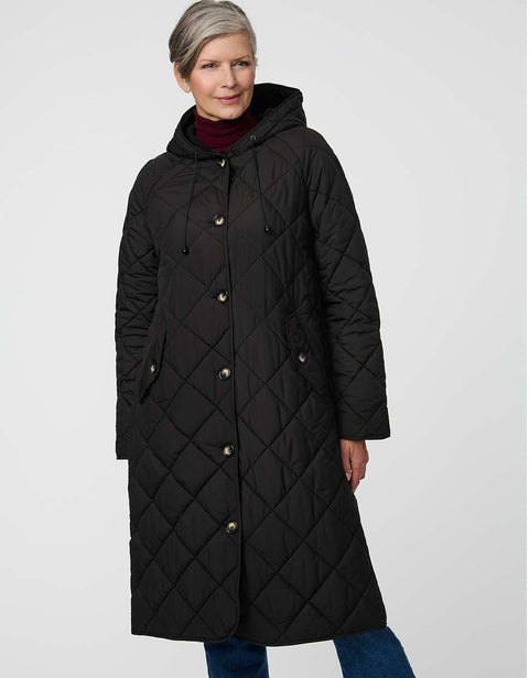 Merrick Quilted Puffer Coat with diamond quilting, welt pockets, and knee-length fit.