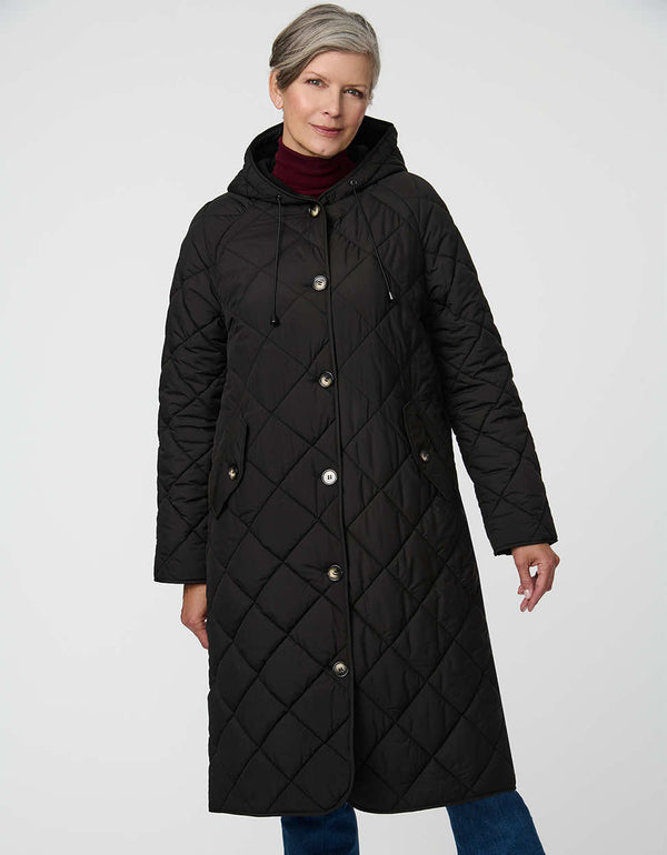 Merrick Quilted Puffer Coat with diamond quilting, welt pockets, and knee-length fit.