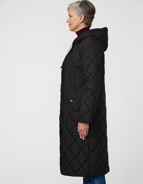 Merrick Quilted Puffer Coat with diamond quilting, welt pockets, and knee-length fit.