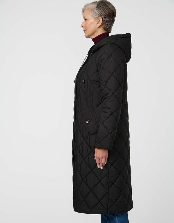 Merrick Quilted Puffer Coat with diamond quilting, welt pockets, and knee-length fit.