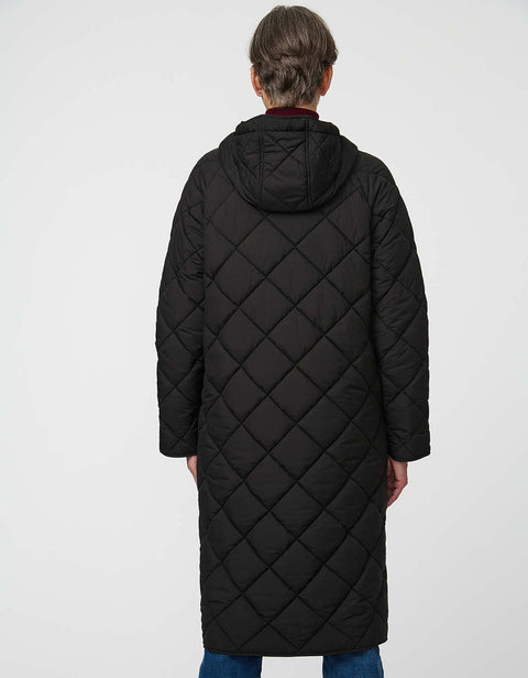 Merrick Quilted Puffer Coat with diamond quilting, welt pockets, and knee-length fit.