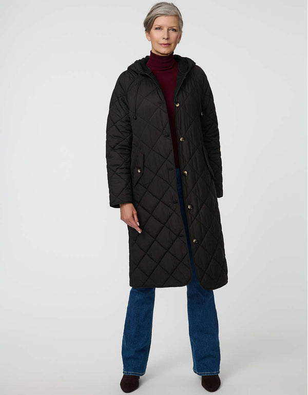 Merrick Quilted Puffer Coat with diamond quilting, welt pockets, and knee-length fit.