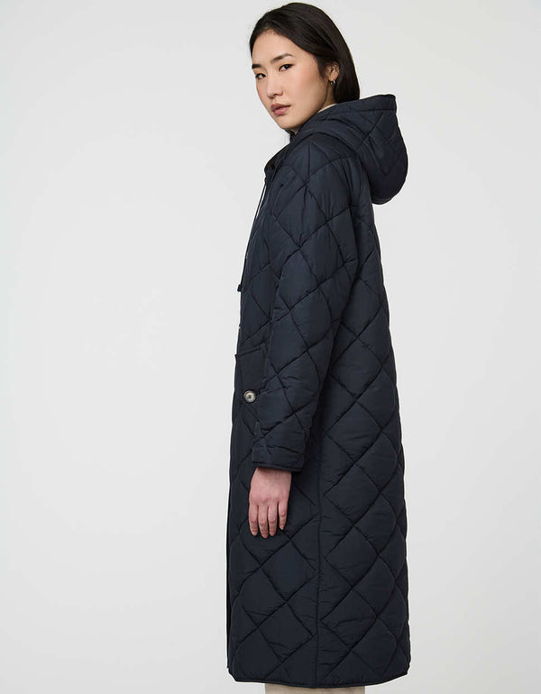 Merrick Quilted Puffer Coat with diamond quilting, welt pockets, and knee-length fit.