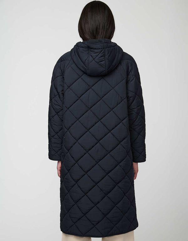 Merrick Quilted Puffer Coat with diamond quilting, welt pockets, and knee-length fit.
