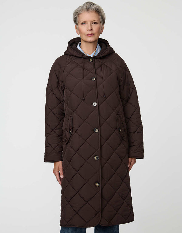 Merrick Quilted Puffer Coat with diamond quilting, welt pockets, and knee-length fit.
