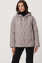 Oversized quilted puffer jacket with diamond stitching, drawstring hood, welt pockets, and snap front closures.