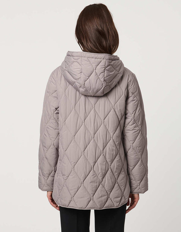 Oversized quilted puffer jacket with diamond stitching, drawstring hood, welt pockets, and snap front closures.