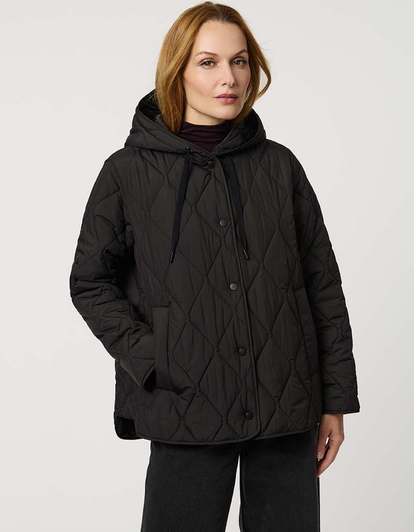 Oversized quilted puffer jacket with diamond stitching, drawstring hood, welt pockets, and snap front closures.