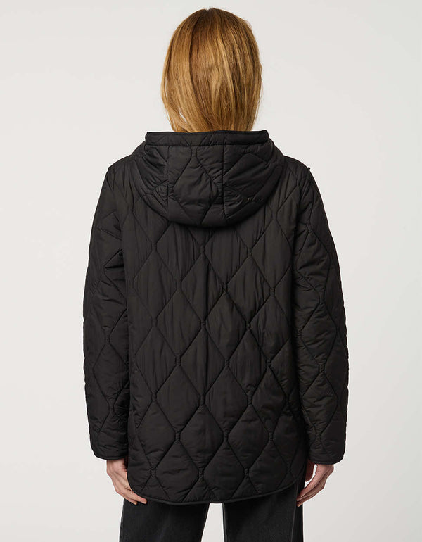 Oversized quilted puffer jacket with diamond stitching, drawstring hood, welt pockets, and snap front closures.