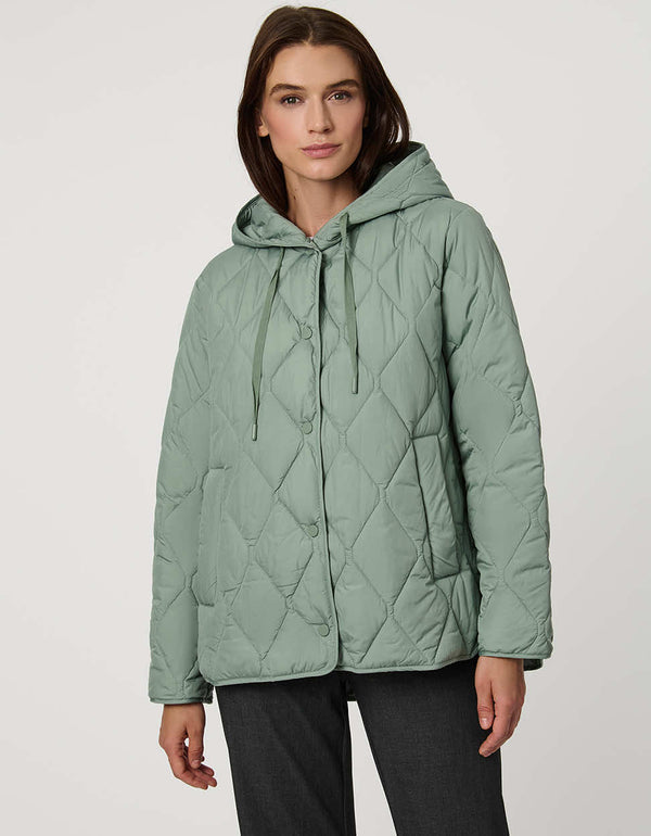 Oversized quilted puffer jacket with diamond stitching, drawstring hood, welt pockets, and snap front closures.