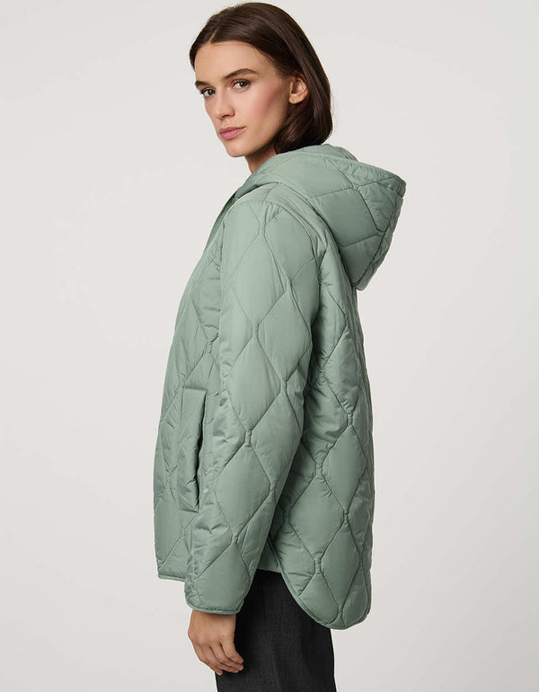Oversized quilted puffer jacket with diamond stitching, drawstring hood, welt pockets, and snap front closures.