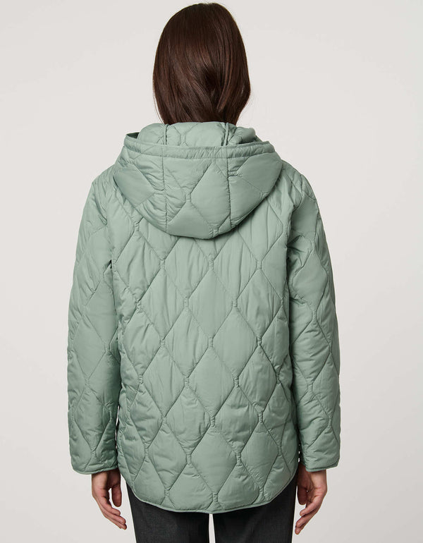 Oversized quilted puffer jacket with diamond stitching, drawstring hood, welt pockets, and snap front closures.