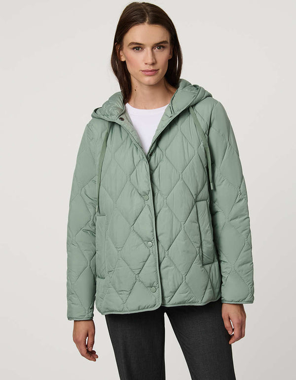 Oversized quilted puffer jacket with diamond stitching, drawstring hood, welt pockets, and snap front closures.