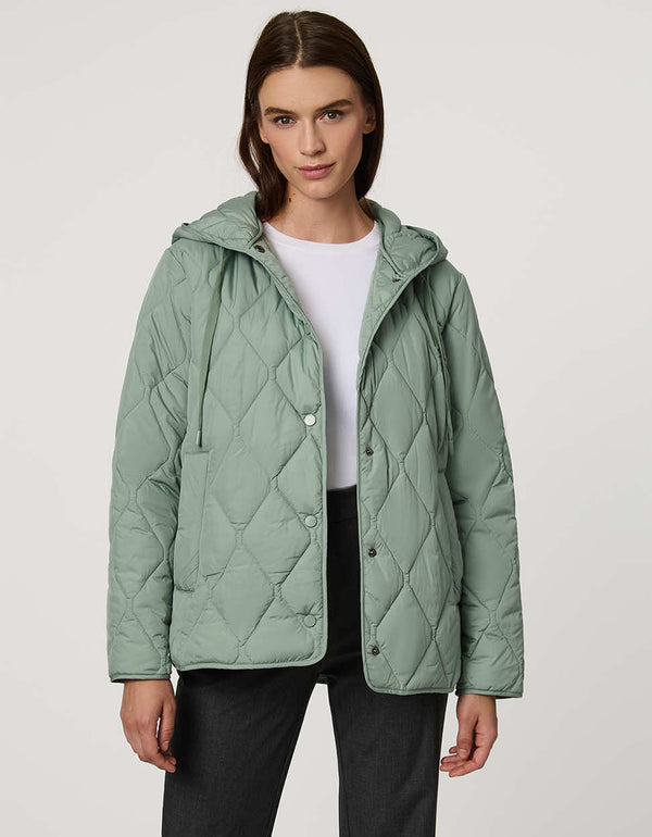 Oversized quilted puffer jacket with diamond stitching, drawstring hood, welt pockets, and snap front closures.