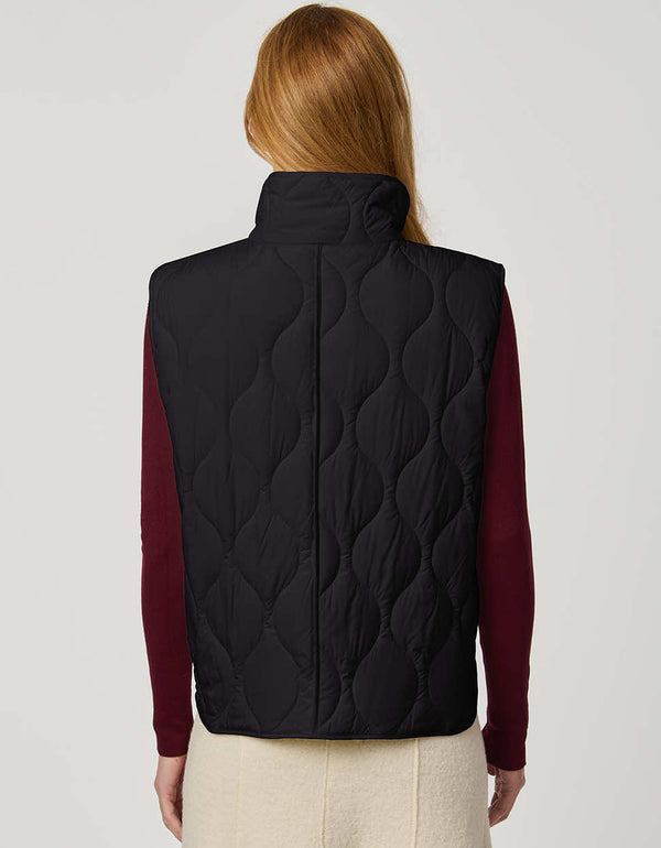 Women’s quilted puffer vest with oversized fit, funnel collar, zipper closure, and lightweight Ecoplume fill.