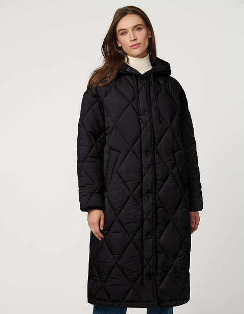 Oversized long puffer coat with diamond quilting, corduroy trim, hood, welt pockets, and Ecoplume insulation.