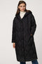 Oversized long puffer coat with diamond quilting, corduroy trim, hood, welt pockets, and Ecoplume insulation.