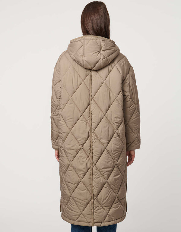 Oversized long puffer coat with diamond quilting, corduroy trim, hood, welt pockets, and Ecoplume insulation.
