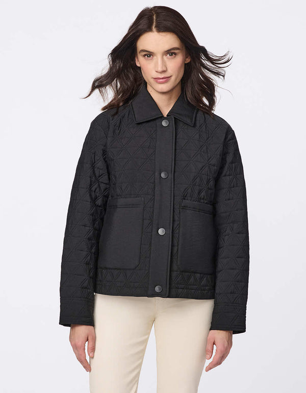 Lightweight and endlessly versatile, the Skyline Quilted Jacket blends classic quilting with modern utility. Oversized patch pockets add a stylish touch, while the adjustable drawstring hem lets you tailor the shape—wear it relaxed and straight or cinch it for a bubble effect. A snap-front closure ensures layering is effortless, making this the perfect transitional piece to complement any outfit from day to night.