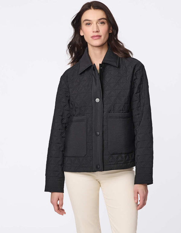 Lightweight and endlessly versatile, the Skyline Quilted Jacket blends classic quilting with modern utility. Oversized patch pockets add a stylish touch, while the adjustable drawstring hem lets you tailor the shape—wear it relaxed and straight or cinch it for a bubble effect. A snap-front closure ensures layering is effortless, making this the perfect transitional piece to complement any outfit from day to night.