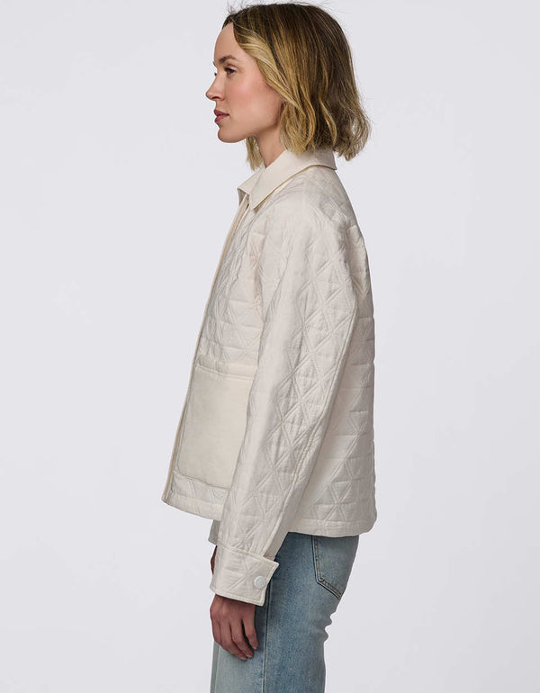 Lightweight and endlessly versatile, the Skyline Quilted Jacket blends classic quilting with modern utility. Oversized patch pockets add a stylish touch, while the adjustable drawstring hem lets you tailor the shape—wear it relaxed and straight or cinch it for a bubble effect. A snap-front closure ensures layering is effortless, making this the perfect transitional piece to complement any outfit from day to night.