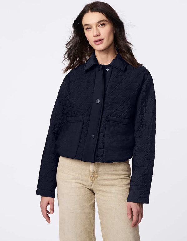 Lightweight and endlessly versatile, the Skyline Quilted Jacket blends classic quilting with modern utility. Oversized patch pockets add a stylish touch, while the adjustable drawstring hem lets you tailor the shape—wear it relaxed and straight or cinch it for a bubble effect. A snap-front closure ensures layering is effortless, making this the perfect transitional piece to complement any outfit from day to night.