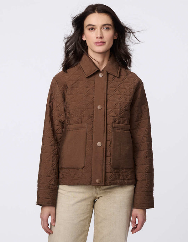 Lightweight and endlessly versatile, the Skyline Quilted Jacket blends classic quilting with modern utility. Oversized patch pockets add a stylish touch, while the adjustable drawstring hem lets you tailor the shape—wear it relaxed and straight or cinch it for a bubble effect. A snap-front closure ensures layering is effortless, making this the perfect transitional piece to complement any outfit from day to night.