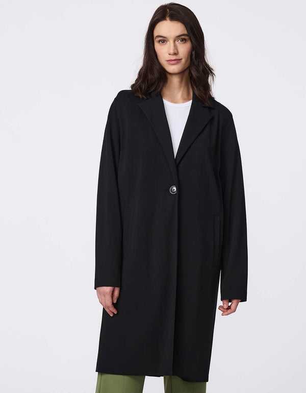 Effortless Traveler Long Jacket, a lightweight, single-button duster coat with a sleek lapel and streamlined silhouette for everyday elegance.