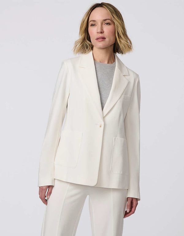 Women's Anywhere Soft Blazer, a single-button knit ponti blazer with deep patch pockets, offering structure and stretch for comfort.