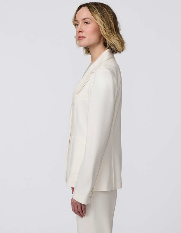 Women's Anywhere Soft Blazer, a single-button knit ponti blazer with deep patch pockets, offering structure and stretch for comfort.