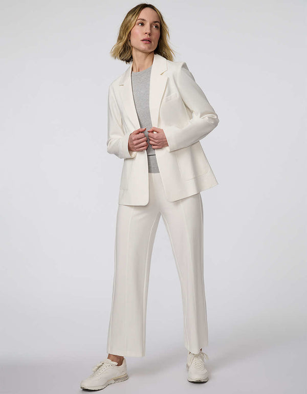 Women's Anywhere Soft Blazer, a single-button knit ponti blazer with deep patch pockets, offering structure and stretch for comfort.