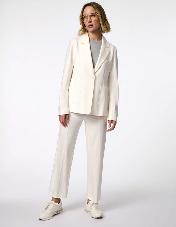 Women's Anywhere Soft Blazer, a single-button knit ponti blazer with deep patch pockets, offering structure and stretch for comfort.