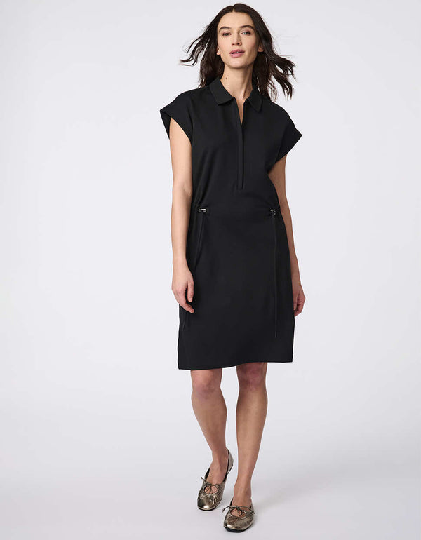 With Ease Dress, a soft knit ponti dress featuring a popover collar, cap sleeves, and adjustable waist drawstrings for a custom fit.