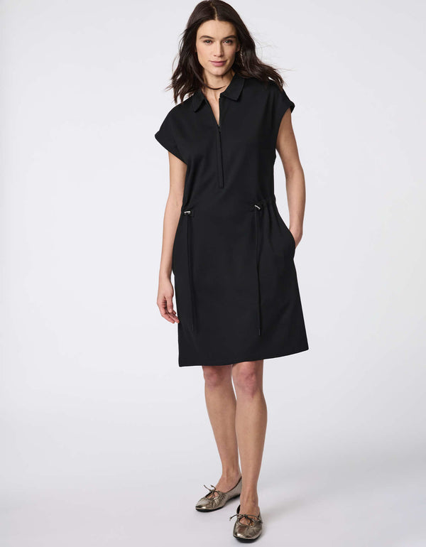 With Ease Dress, a soft knit ponti dress featuring a popover collar, cap sleeves, and adjustable waist drawstrings for a custom fit.