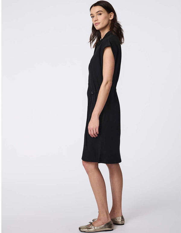 With Ease Dress, a soft knit ponti dress featuring a popover collar, cap sleeves, and adjustable waist drawstrings for a custom fit.