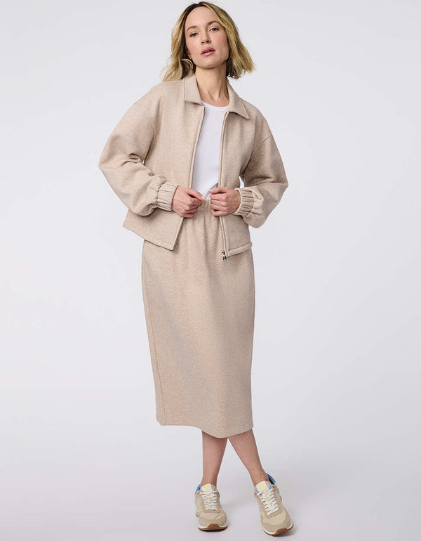 Soft Sculpt Zip-Up Jacket, a sleek knit ponti blazer with an elasticized back for a flattering, tailored silhouette.